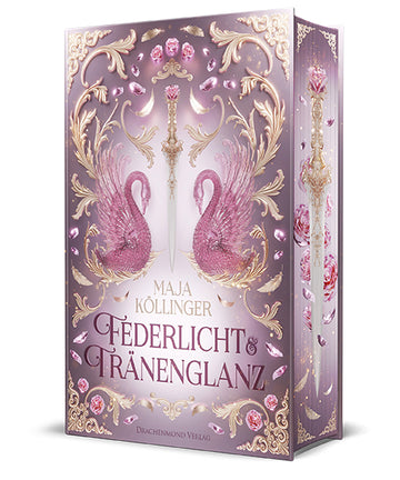 Das Cover zeigt in der Mitte ein weißes Schwert mit goldenem Griff und einem rosafarbenen Diamanten am Knauf. Links und rechts neben dem Schwert ist jeweils ein rosafarbener Schwan abgebildet. Im unteren Bildbereich steht in goldener Schrift der Name der Autorin und darunter in dunkelviolett der Titel. Verziert ist das Cover mit goldenen Federn und Ornamenten und Diamanten in rosa und violett.